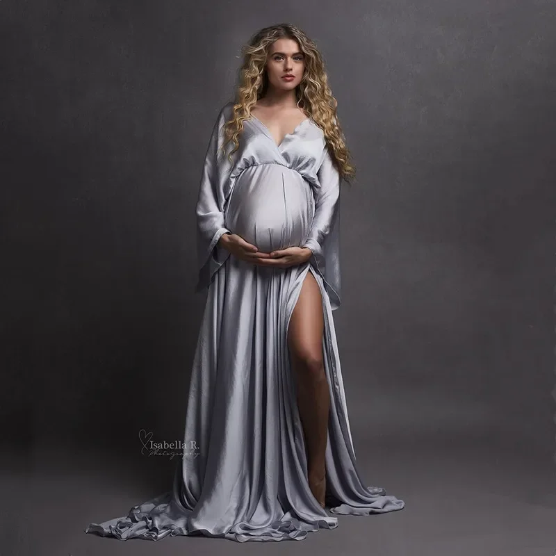 Vestidos largos de maternidad bohemios para fotografía, vestido para sesión de fotos de mujer embarazada, disfraz elegante de satén con cuello en V de talla grande