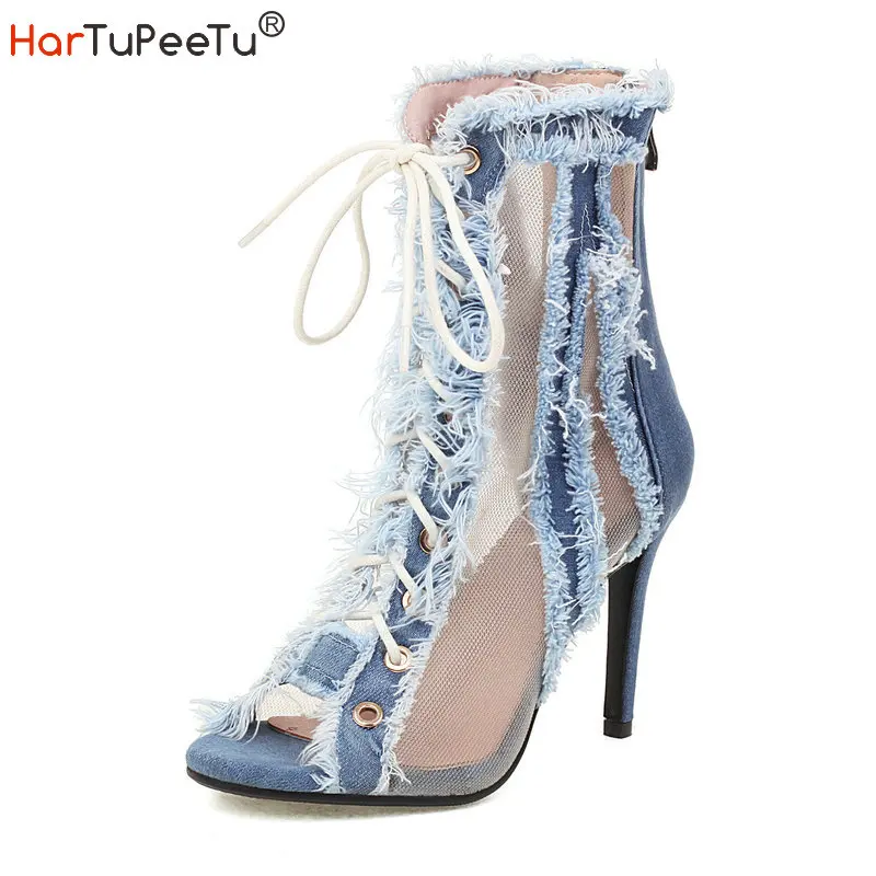 

2022 Peep Toe Sandals Women Summer Boots Big Size 34-46 Denim Patchwork Mesh Shoes Lace Up Sexy Thin High Heels Zapato Mujer