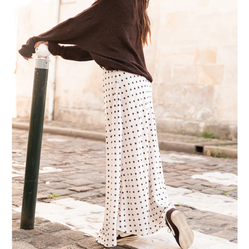 Women Vintage Aesthetic Polka Dot Maxi Skirts Elegant Bodycon A Line Flare Long Skirts Cute Dot Print Flowy Maxi Satin Skirts