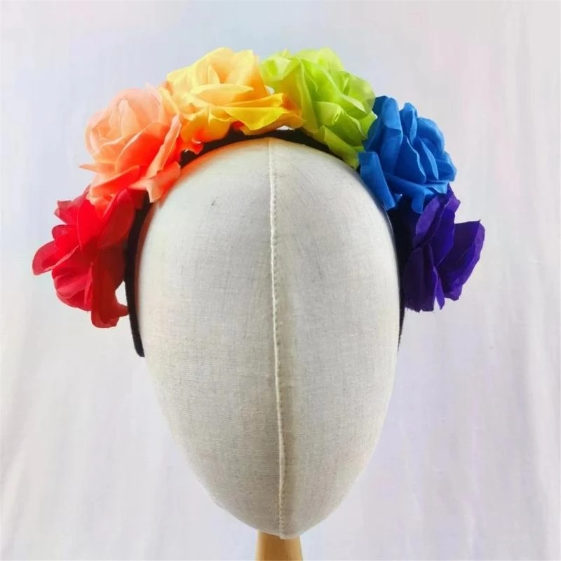 49MF Rainbow Rose Hairband Costume Hair Hoop Pride Headwear for Live Show