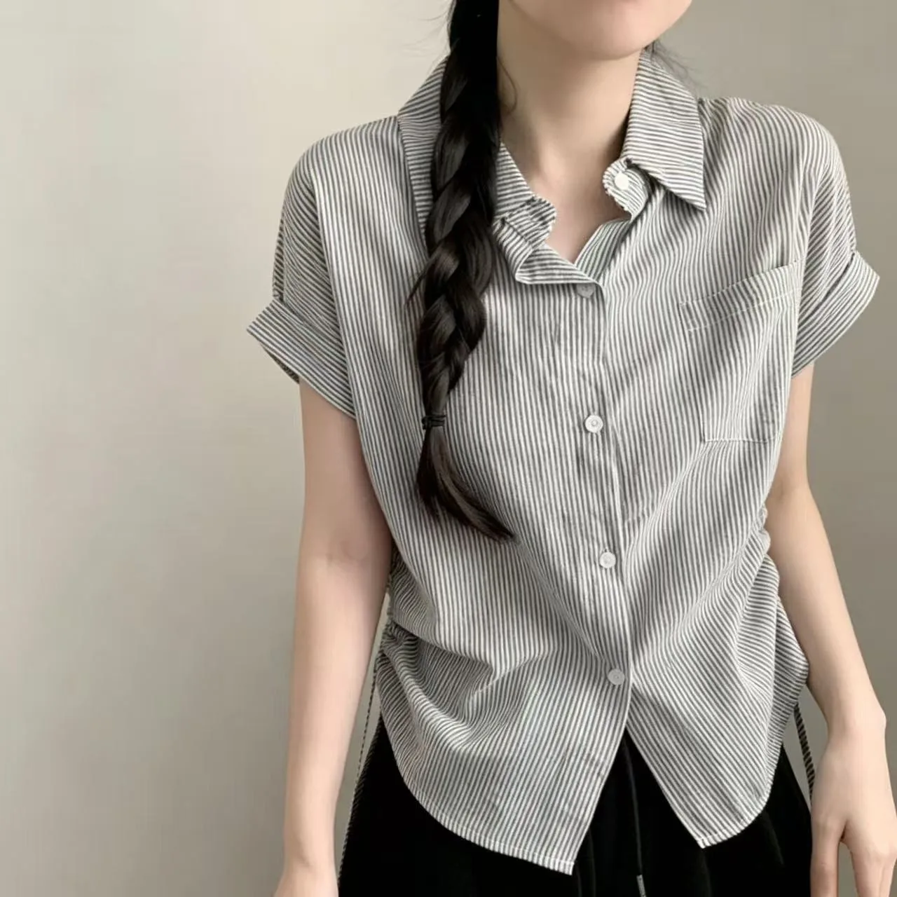 2026 Summer New Korean Style Casual  Plaid Drawstring Short Sleeve Shirt Turn-down Collar Top Versatile for Women