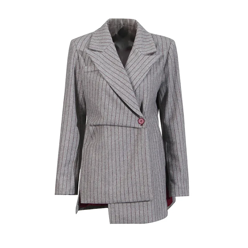 

European American retro lazy suit summer new irregular design gray striped blazer women's trend ropa mujer outerwears traf