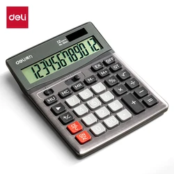 Deli 1654 12 Digits large display dual power calculator Auto power off metal panel solar & AA battery retail packing