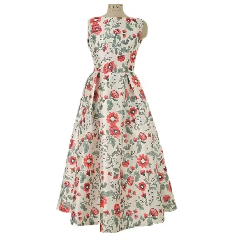 Vestido de verano de estilo Retro francés con estampado Floral, cuello redondo, cintura delgada, largo medio, gran Swing, línea A, 2024