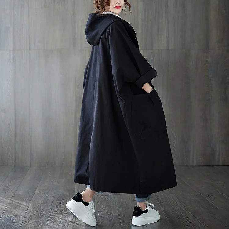 Lässiger, übergroßer, langer Damen-Trenchcoat mit großen Taschen, knielang, mit Kapuze, winddicht, warm, mit Knöpfen, Mädchen-Trenchcoat – Detail 10