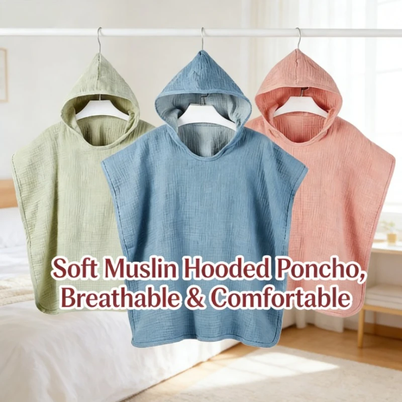 

Unisex Cotton Gauze Hooded Bathrobe Towel for Kids Swim Absorbent Beach Cape All Season Wear