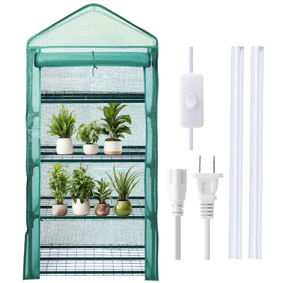 

4-уровневая мини-теплица для дома и улицы с 2 световыми лампами, 62x27x19 см, с покрытием из ПЭ, портативная, зимняя, вентилируемая теплица с ограждением
