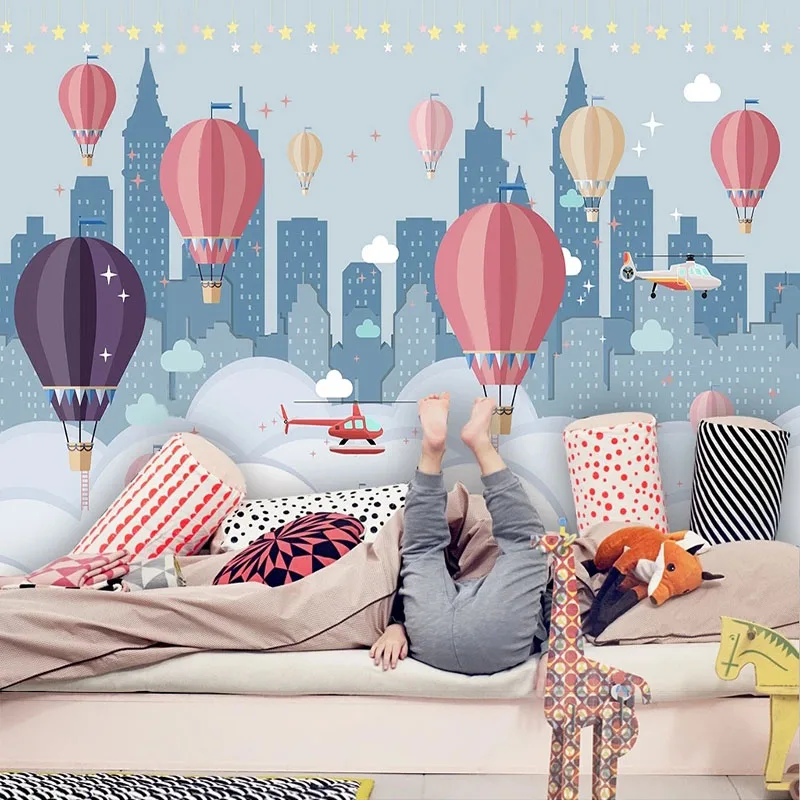 

Custom Self-Adhesive 3D Cartoon Hot Air Balloon Children's Room Background Wall Mural Wallpaper For Bedroom Papel De Parede