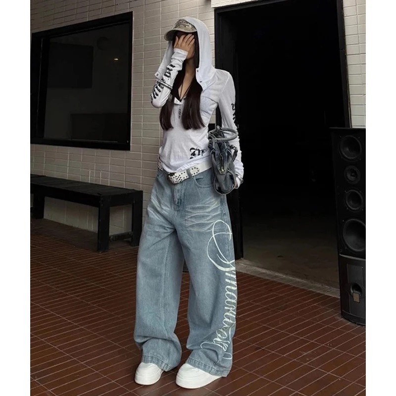 Autumn Women Y2k Baggy Blue Jeans Japanese 2000s Style Boyfriend