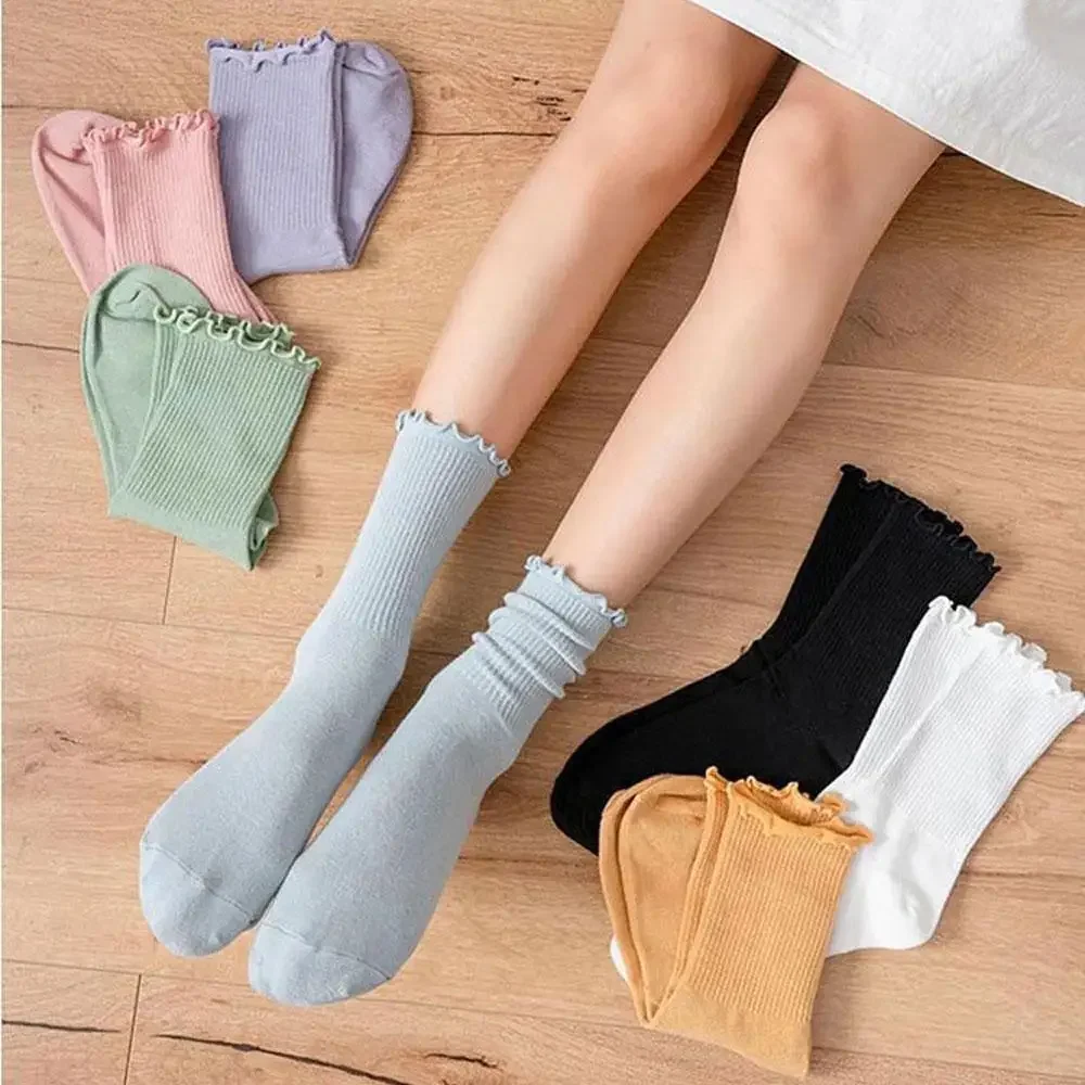 White Socks Women Cute Kawaii Frilly Ruffle Socks Cotton Purple Japanese Candy Skateboard Sport Socks Black