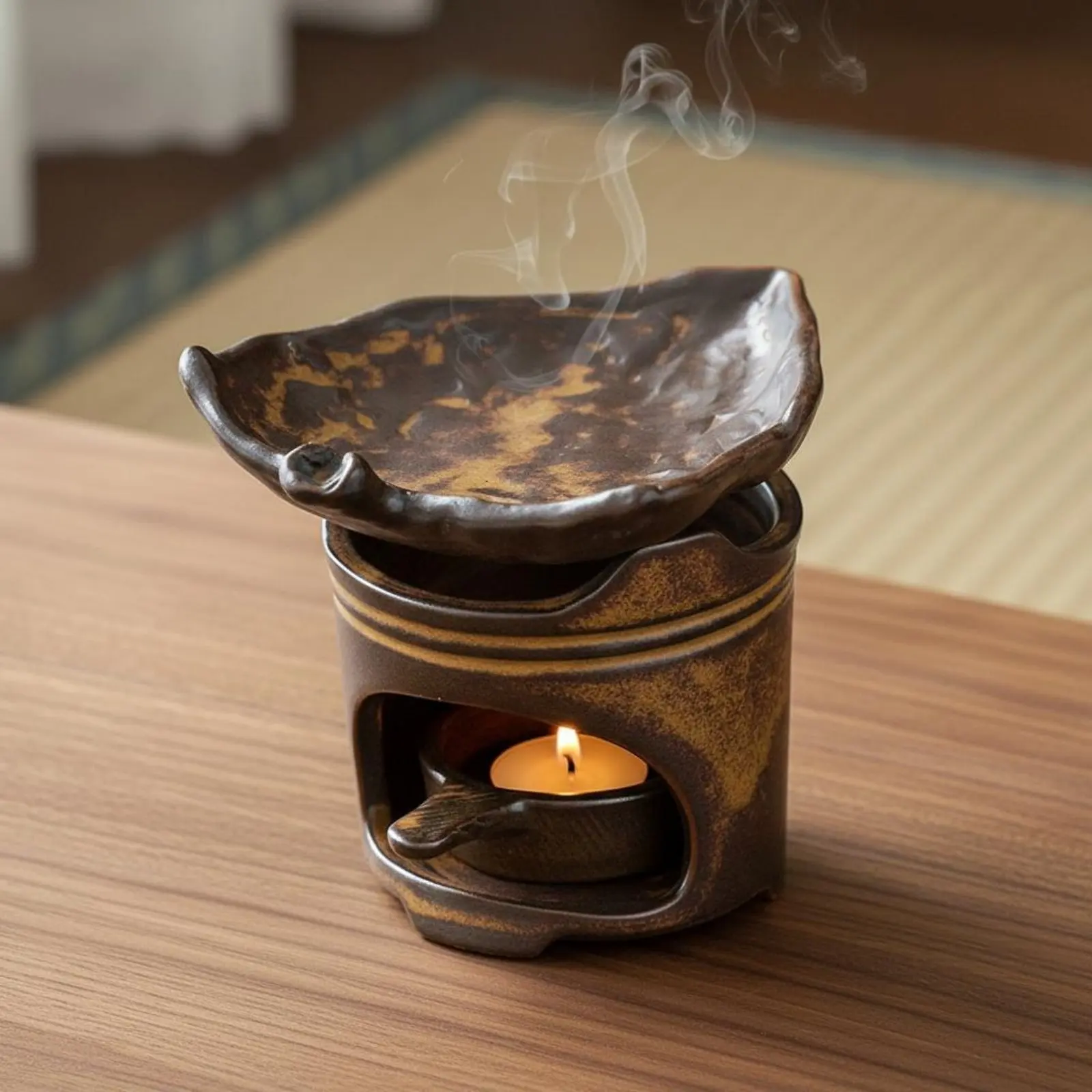 Ceramic Tea Roaster Tranquil Inspired Design Candle Powered Oil Scent Warmer Rustic Pottery Aroma Burner Vintage Design