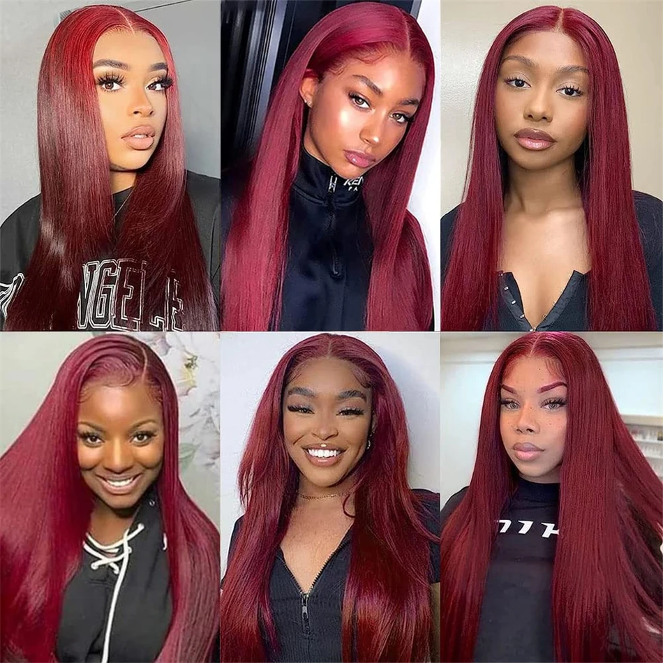 Perruque Lace Front Wig Naturelle Bordeaux 99J, Cheveux Humains, 13x6, 30 40 Pouces, Densité 250, Transparent HD, Couleur Rouge, pour Femme