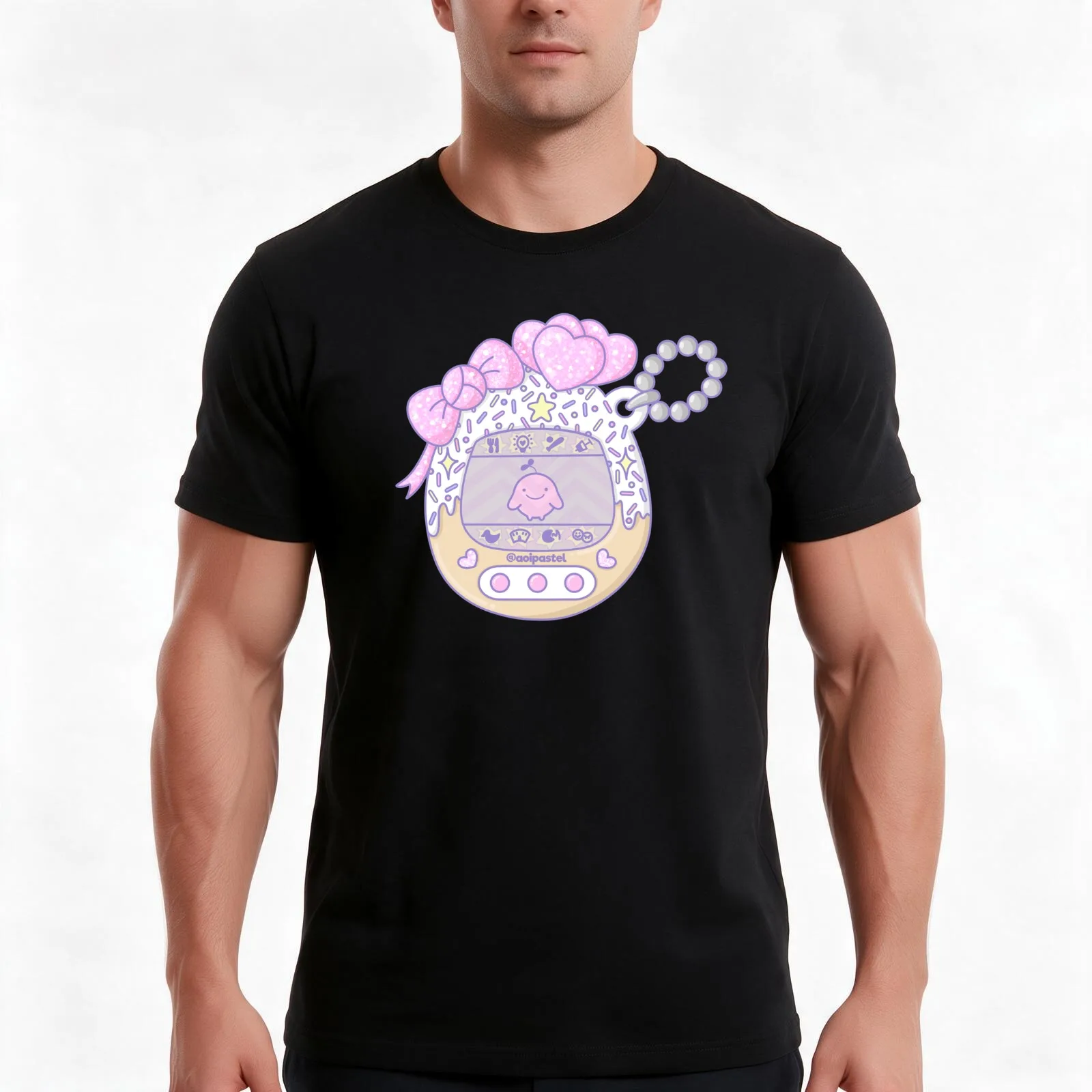 Donut Tamagotchi T-Shirt, Summer Casual Cotton Tee, Oversized Streetwear Tops, Vintage Graphic Print, Loose Fit Short Sleeve