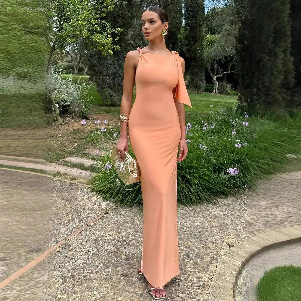 

Women's Hot Fashion Selling 2026 Summer New Fashionable Elegant One-Shoulder Ribbon Solid Color Dress