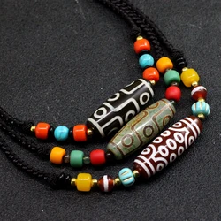 Tibetan Buddhism 9 Eyed Celestial Bead Necklace Healing Amulet Jewelry Ethnic Style Agate Dzi Beads Pendant Sweater Rope Chain