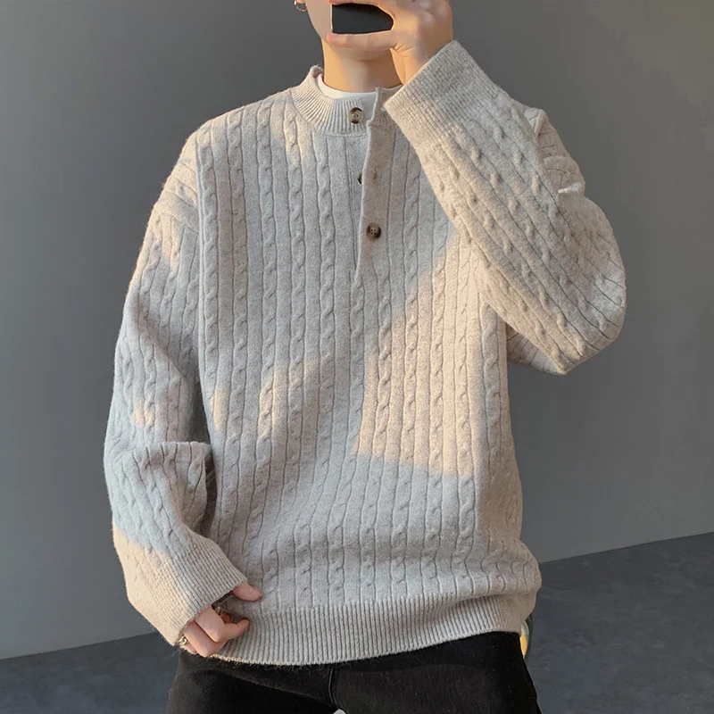 

Men's Button Sweaters Slim Fit Lightweight Pullovers New Round Neck Knitted Sweater Loose Men's Solid Color Long Sleeved Sweater