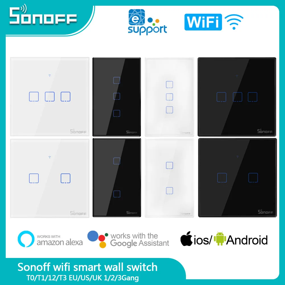 

Умный настенный сенсорный выключатель SONOFF T1/T2/T3/T0 EU/UK/US 1/2/3, Wi-Fi, управление через приложение Ewelink/RF433/Голосовое управление/сенсорное управление