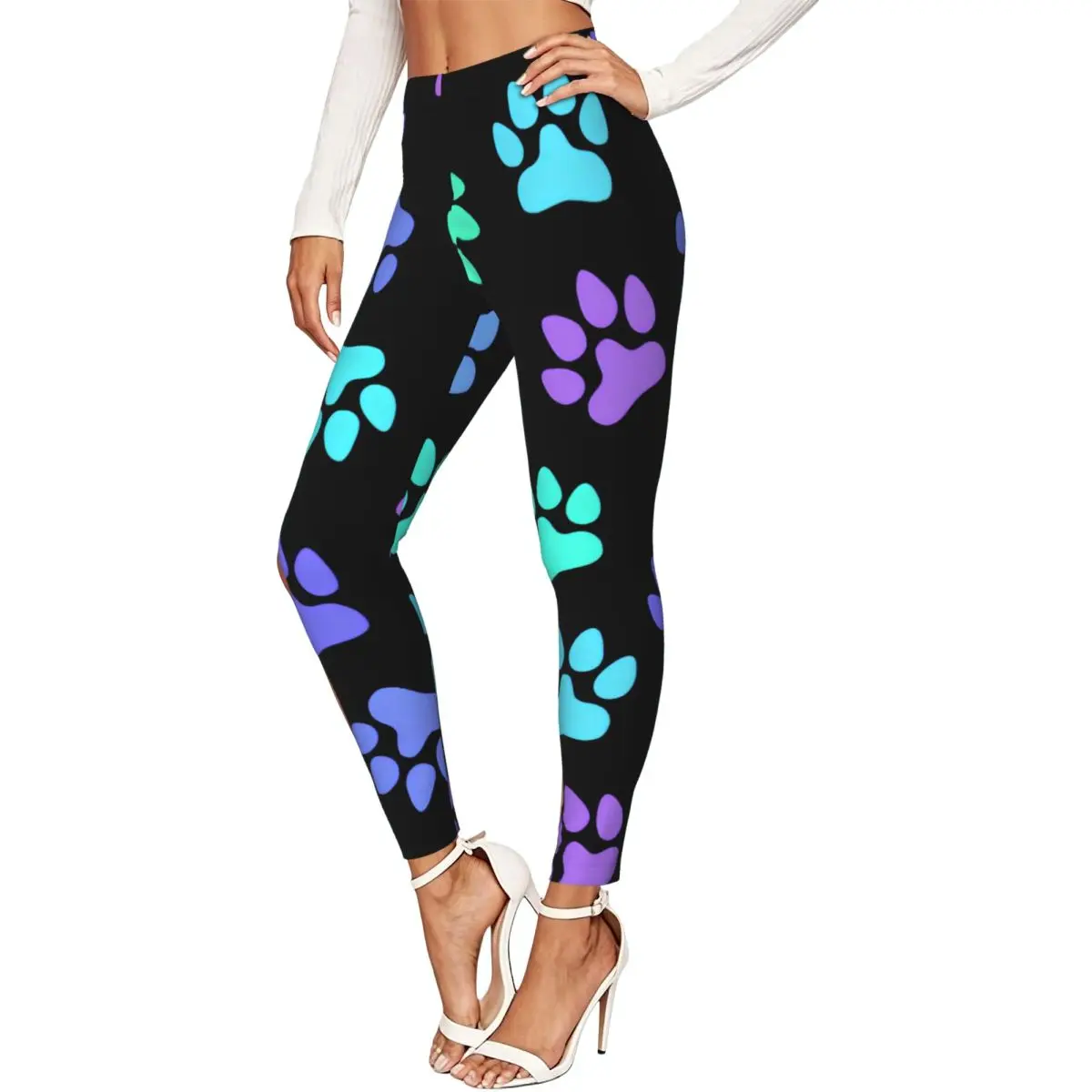 Colorful Cat Dog Footprints Women Stretchy Leggings High Elastic Comfortable Fitness Yoga Pants