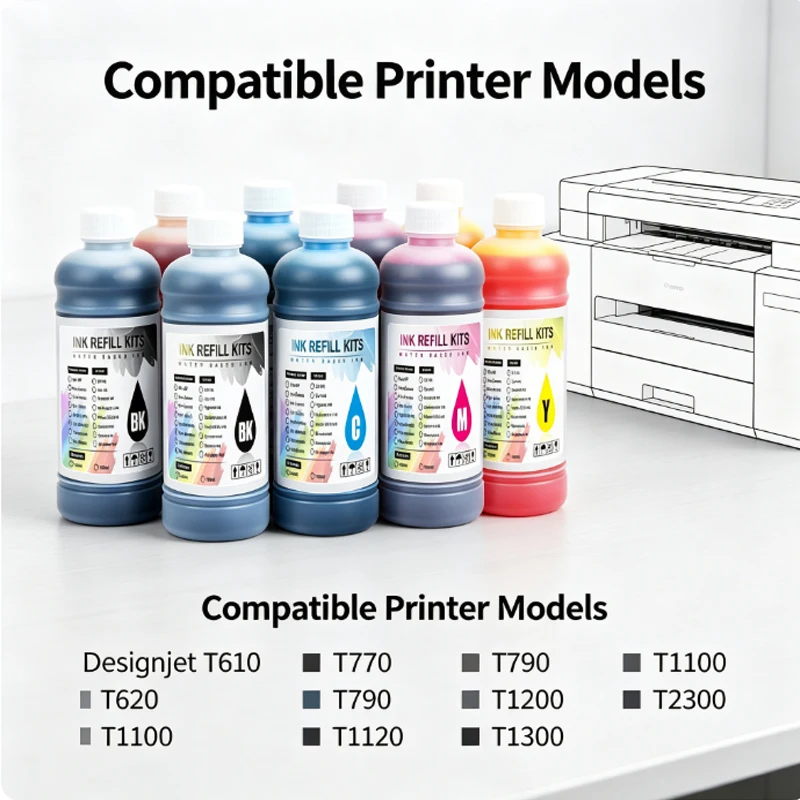 500ML Dye Ink Bottle for HP 72/727/728/70 Inkjet Printer Compatible with T610/T620/T770/T790/T1100/T1120/T1200/T1300/T2300