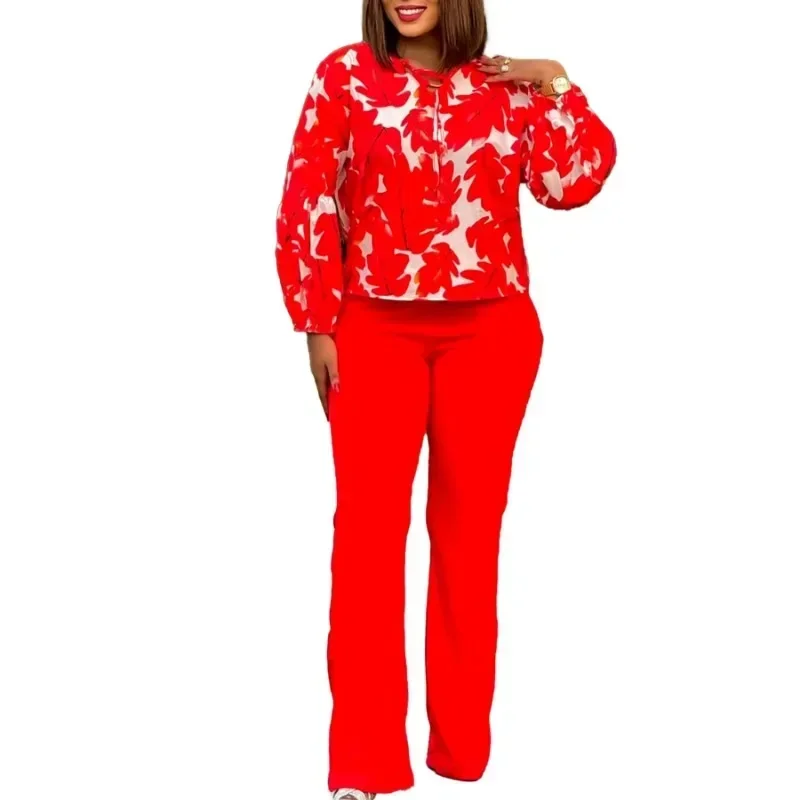 

2024 African Clothes for Women Autumn Elegant Long Sleeve Print Polyester 2 Piece Top Long Pant Matching Sets Africa Clothing