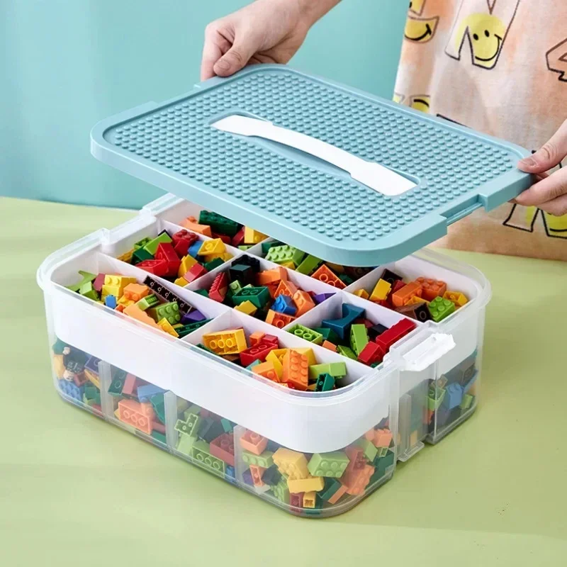 Building Blocks Storage Box 2 Layer Plastic Kids Building Blocks Organizer with Handle Transparent Stackable Toy Organizer Bins