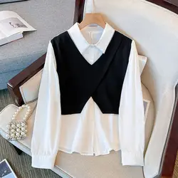 Fake Two Vest Patchwork Shirt Women's Autumn Plus Size Temperament Age Reducing Belly Covering Slimming and Unique Top