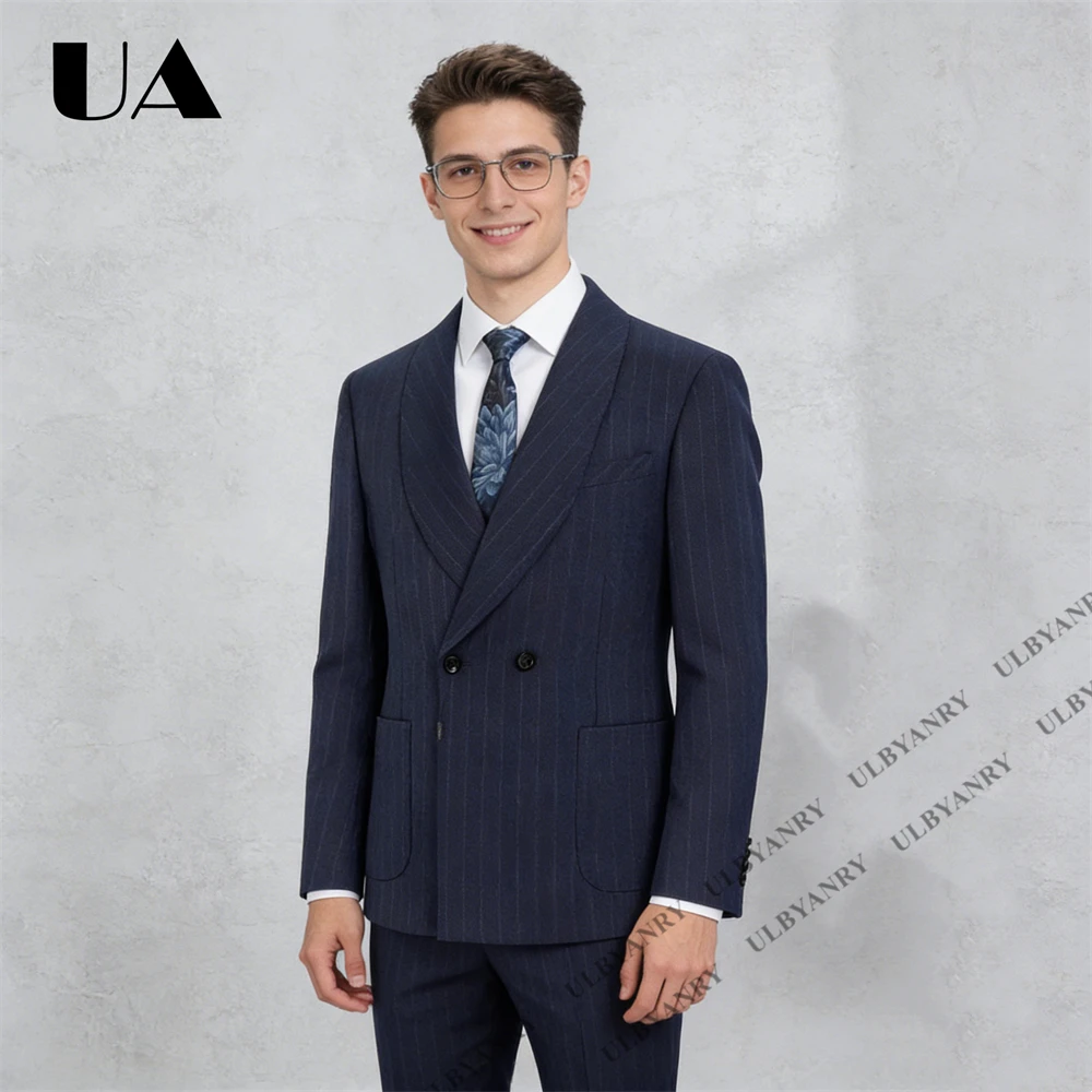 

Мужской деловой костюм ULBYANRY 2026 (от XS до 3XL), полосатый приталенный смокинг из 2 предметов: двубортный пиджак и брюки