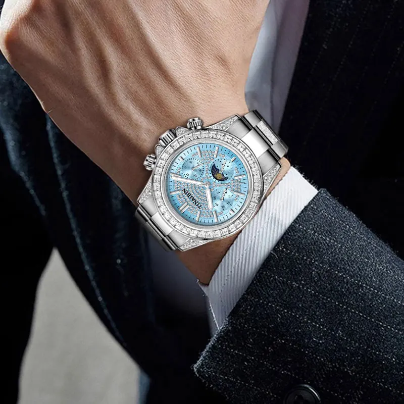 2025 جديد TINAIBIN الماس الجليد الأزرق جودة عالية رجل الساعات التلقائية الميكانيكية القمر توربيون ساعات المعصم #6