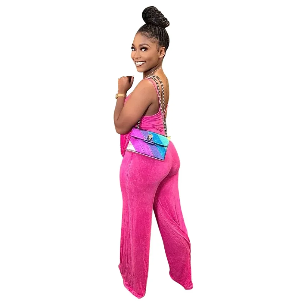 Women's Fashion Casual Halter Solid Color Fringe High Elastic Slimming Wide Leg Pants Comfortable Vacation Jumpsuit