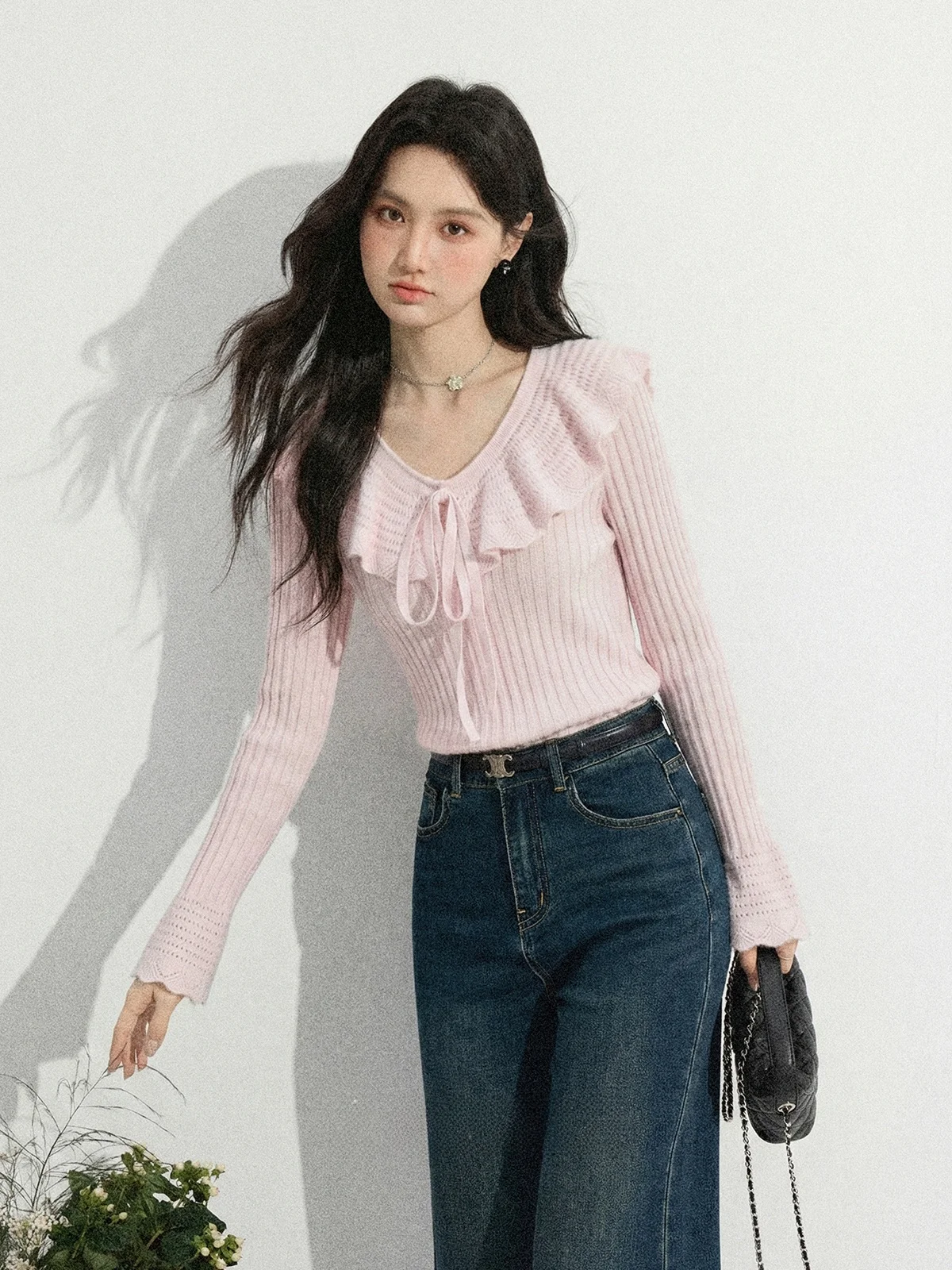 

Розовый вязаный свитер женский, нежный, с длинным рукавом, весна 2026, дизайнерская новинка, мягкий, в полоску, свободный крой, дышащий, с круглым вырезом