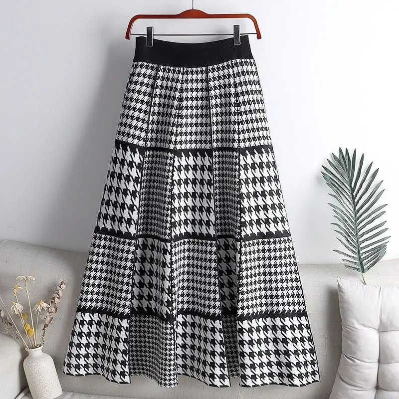 

Women New Autumn Winter Knitted Skirt with Sweater and Winter Skirt A-line Large Hem Skirt Houndstooth Pleated Mid-length Skirt
