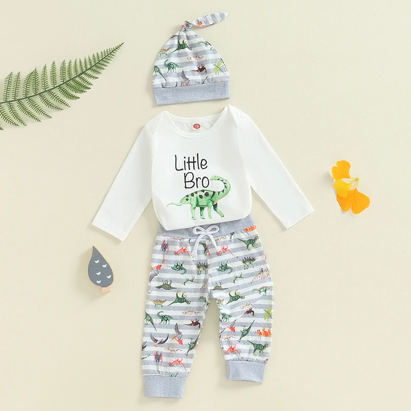 Little Brother Newborn Outfit Dino Lil Bro Bodysuit Dinosaur Jogger Pants Hat 3Pcs Fall Coming Home Outfit 0-18M