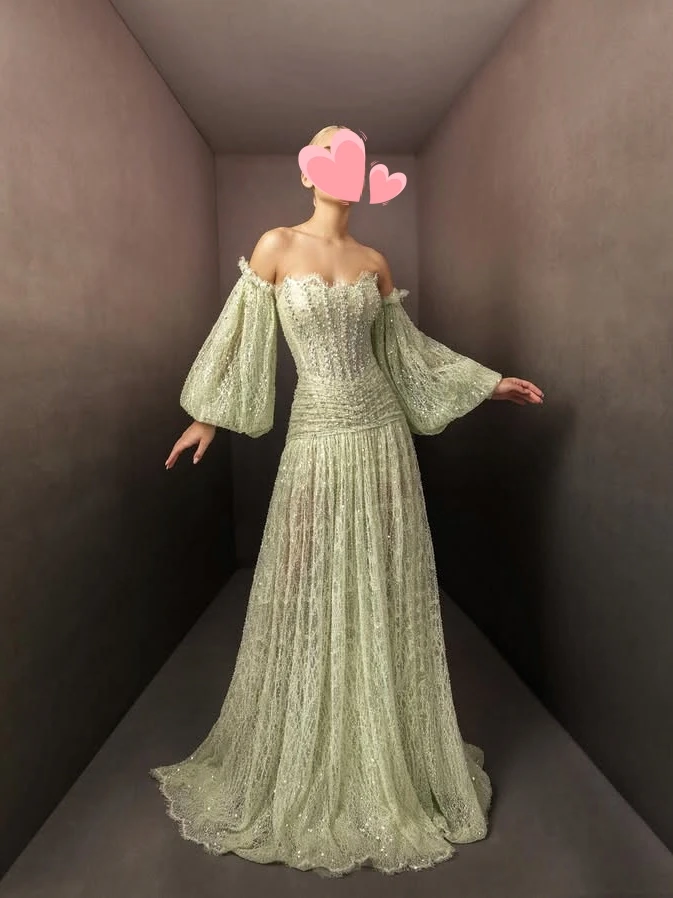 Oisslec robe élégante Vintage doux vert perles perles nouvelle dentelle personnalisé Occasion formelle robe de bal robes de soirée