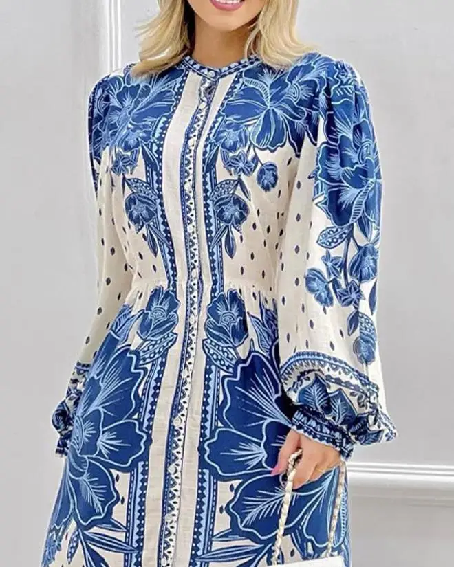 Spring/summer 2023 New Fashion Hot Sale Women's Flower Print Puff Lantern Sleeve Maxi Dress