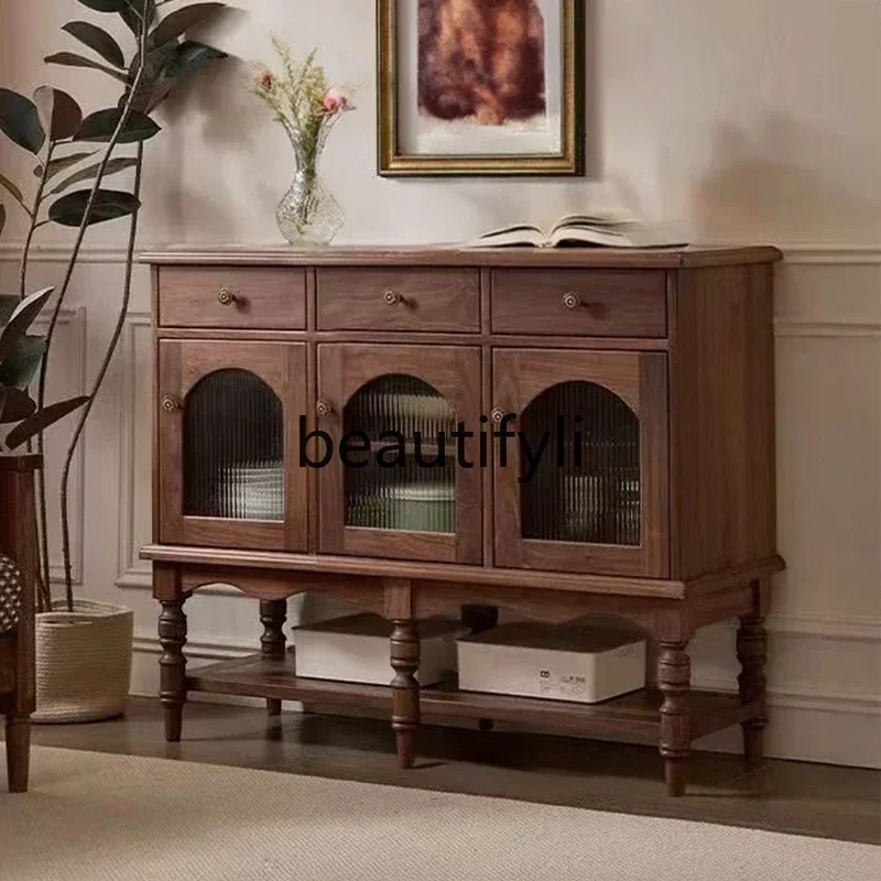 

0240French Vintage Solid Wood Sideboard Tea Cabinet Living Room Walnut Wood Entryway Decorative Cabinet Dining Room