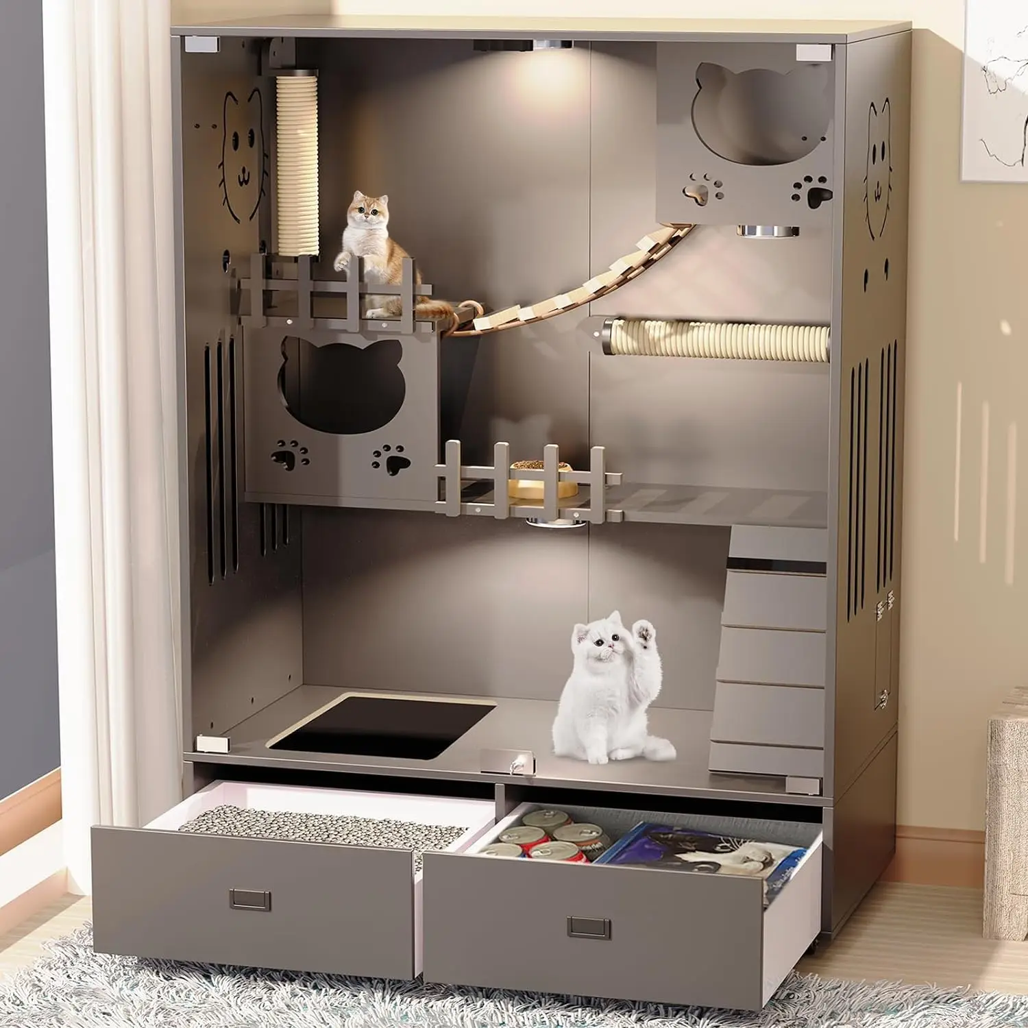 

Large Wooden Cat House Cage Indoor Outdoor Enclosure Wheels Condo 2 Drawers Ventilation Glass Doors 57x36x24, Customized