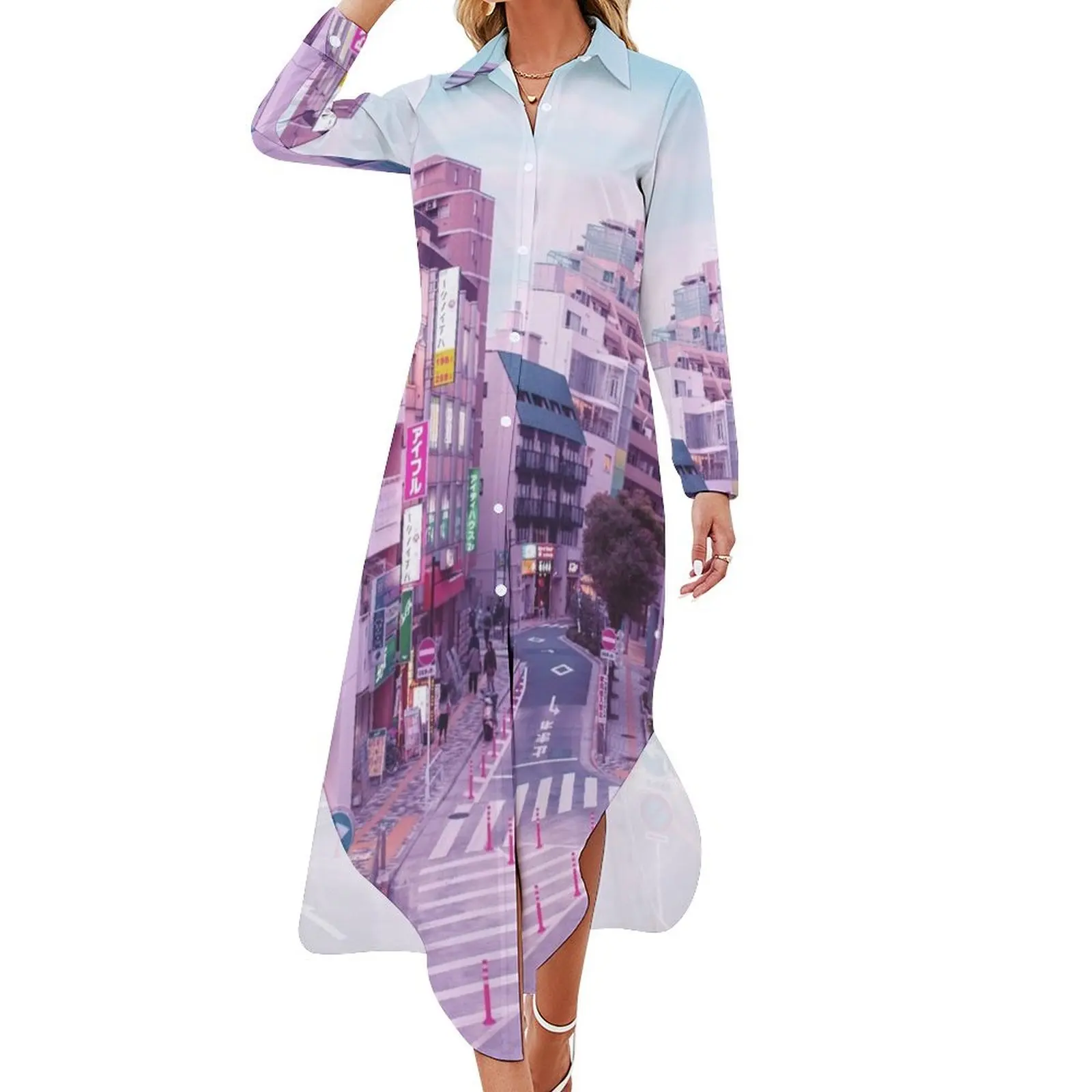 

Pink City Pop Aesthetic Tokyo Japan Poster Vaporwave lofi moody vibe Long Sleeved Shirt Dress Dress for girls Female dress