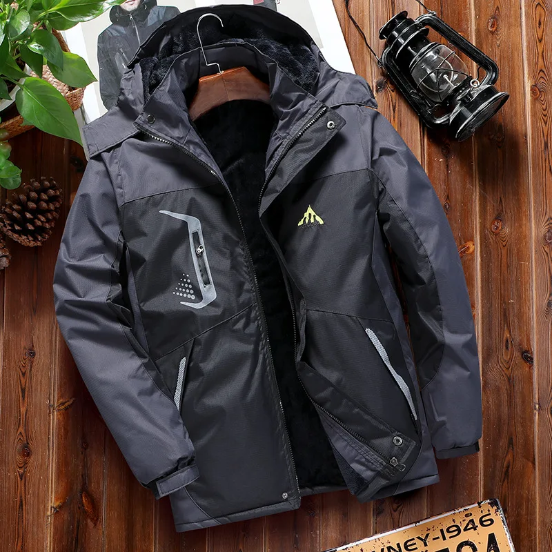 Men Winter Thick Fleece Lined Hooded Jacket Windproof Water Resistant Zipper Outdoor Hiking Coat Thermal Cold Proof Outerwear