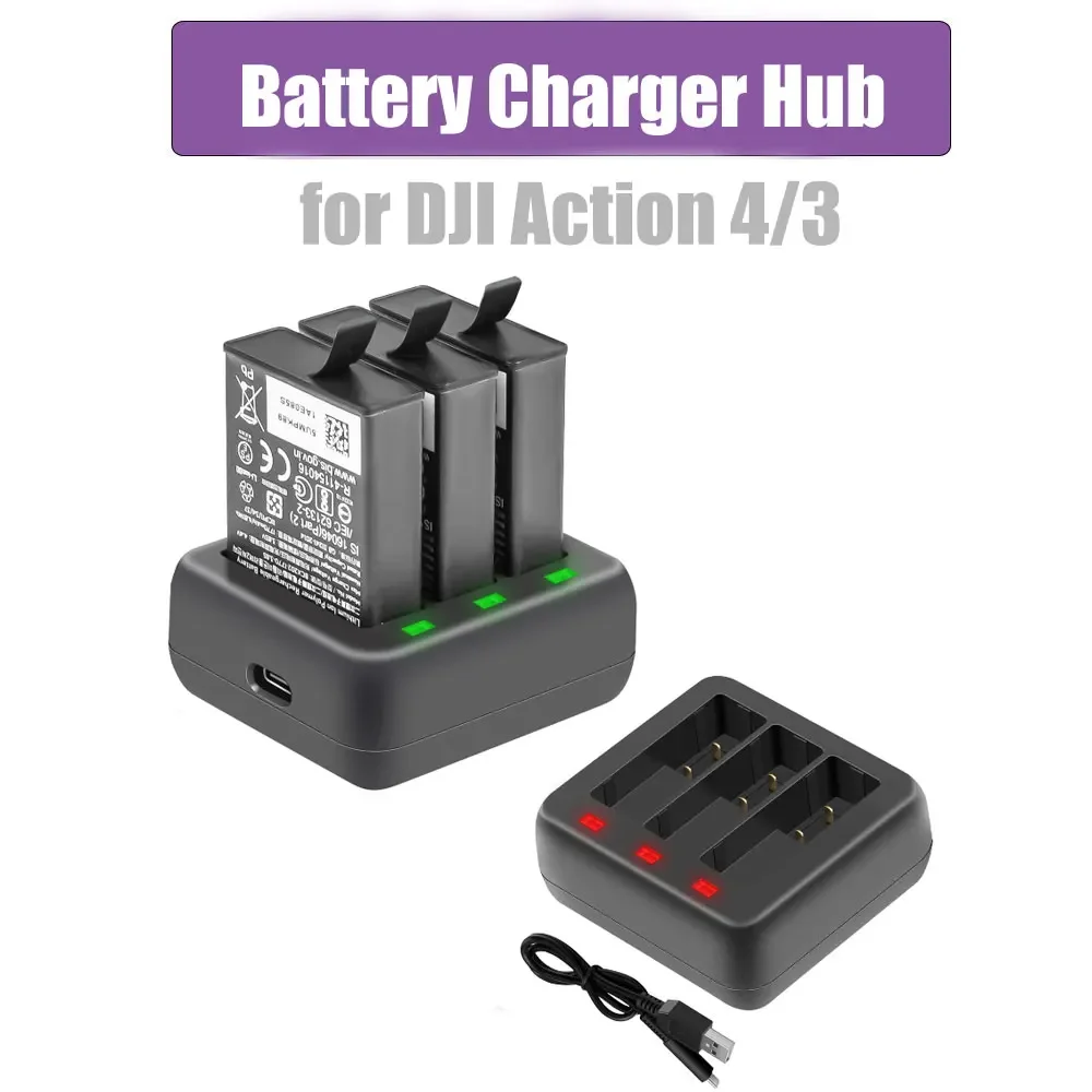 Battery Charger Hub for DJI OSMO 4/3 Cameras Smart 3-Channel Charger Hub for DJI 4/4 Action Cameras Accessories