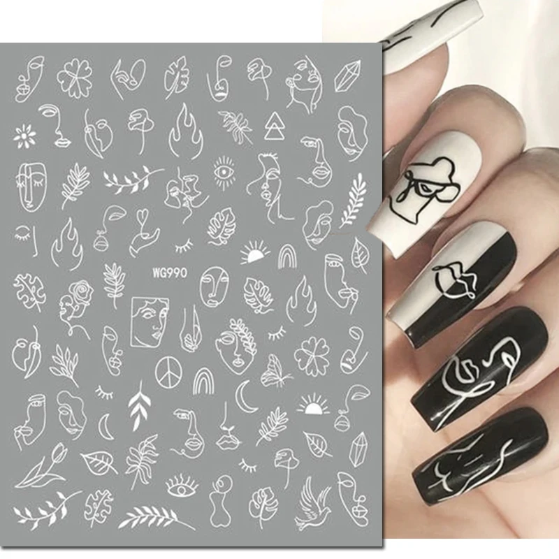 3d Nail Art Decals Abstract Lines Faces Eyes Palm Leaves Flowers Adhesive Sliders Nail Stickers Decoration For Nail Manicure