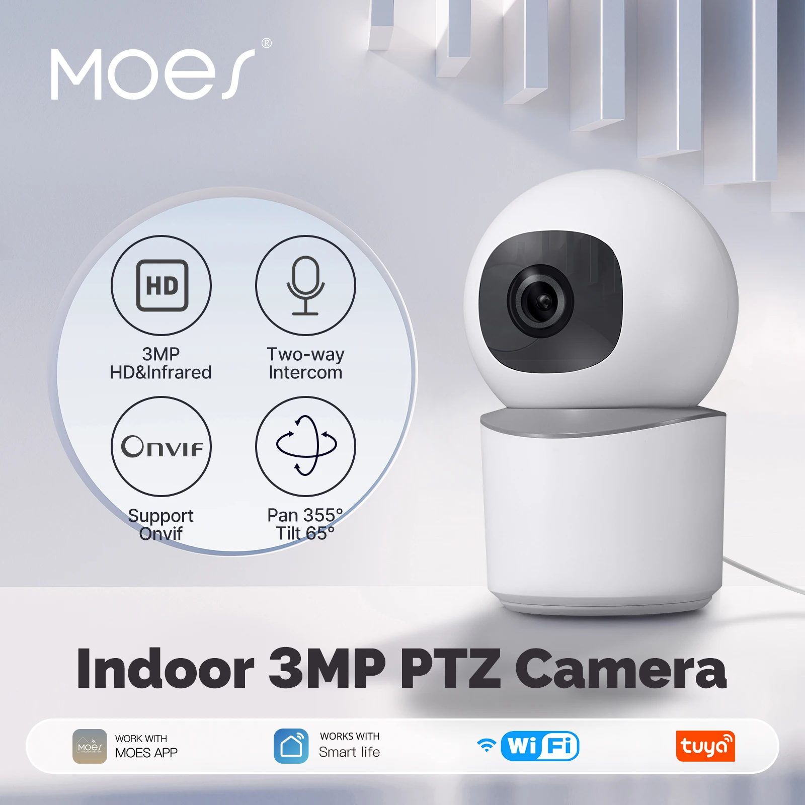 MOES Tuya Wi-Fi Крытая умная камера безопасности с панорамированием/наклоном 3MP HD Инфракрасное ночное видение Отслеживание движения Обнаружение