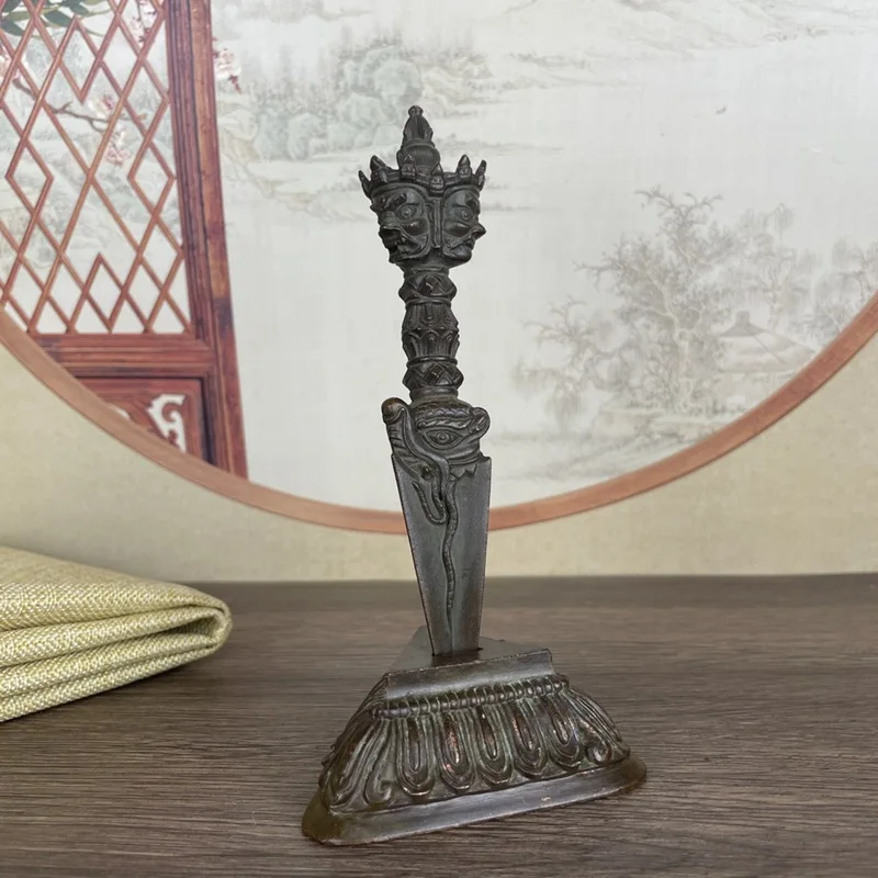 Three-Sided Alloy Pumbha Large with Base Ornament Vajra Decoration Display
