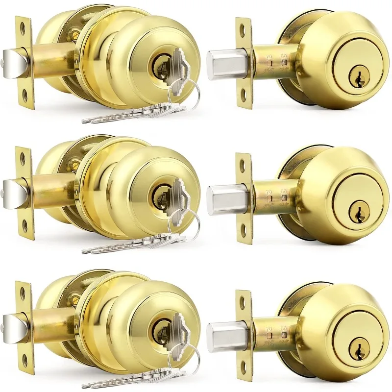 

Polished Brass Entry Door Knob Lock Set and Single Cylinder Deadbolt Combination Set, Keyed Alike, 3 Pack US(Origin)