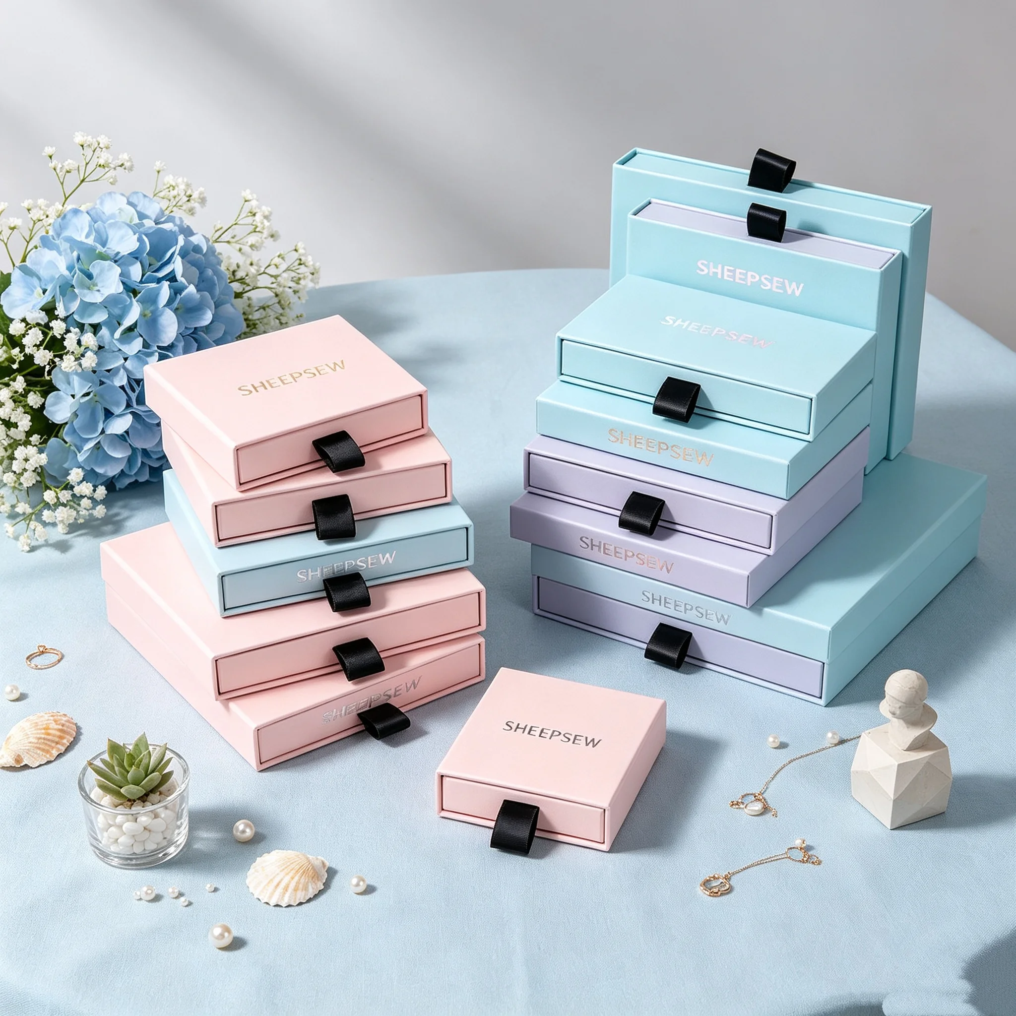 50pcs Thin Jewellery Gift Boxes Packaging Purple White Paper Sliding Jewelry Slide Drawer Gift Box With Ribbon Foam Inside