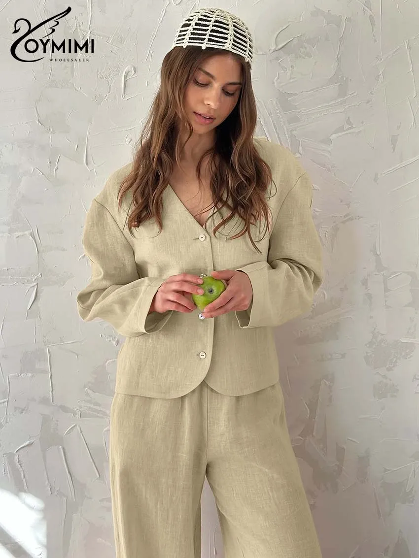 Oymimi 캐주얼 카키 코튼 투피스 세트 여성 패션 브이넥 긴 소매 버튼 셔츠와 심플한 포켓 스트레이트 바지 세트