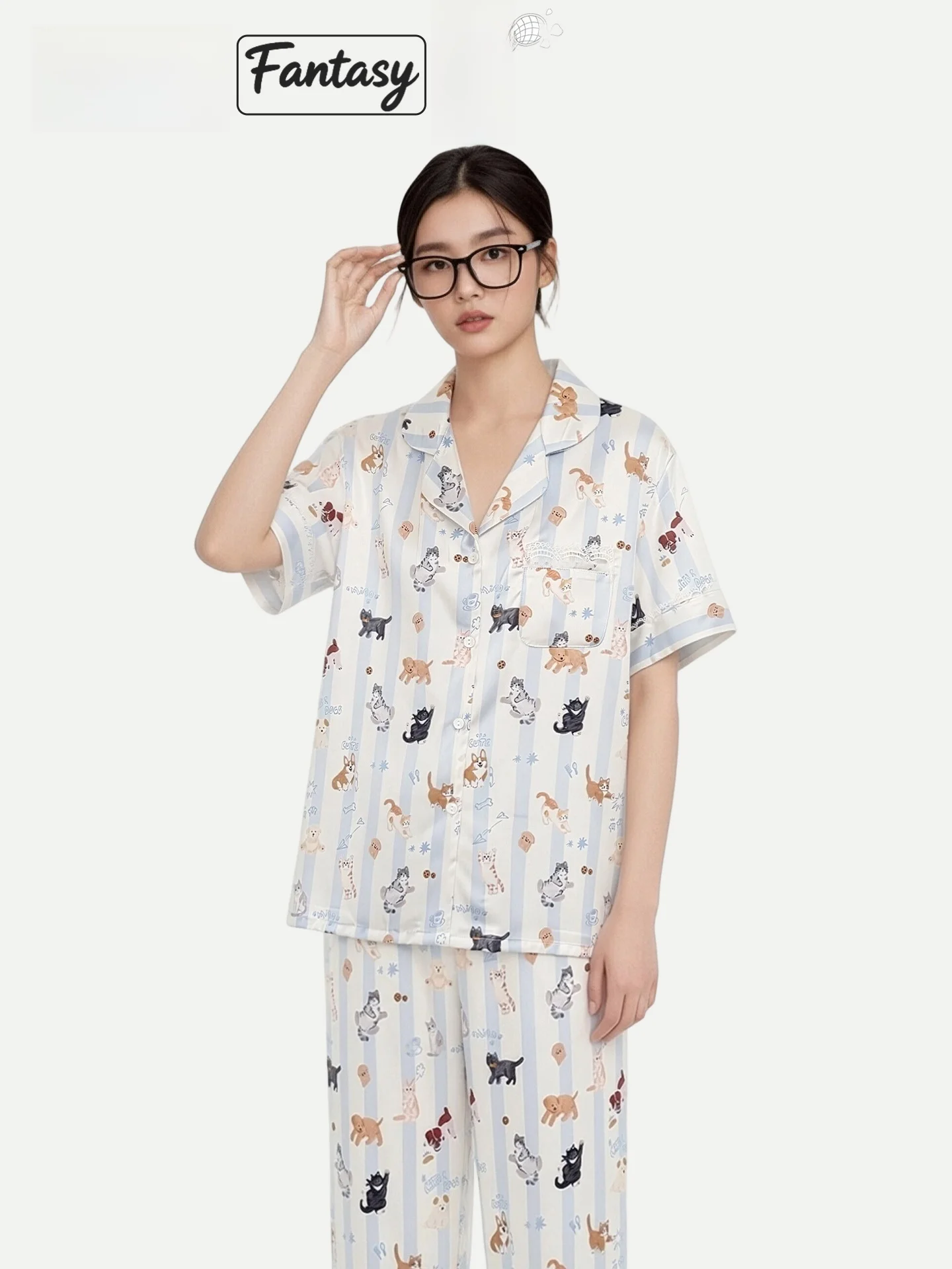Women's Summer Ice Silk Sleepwear Short Sleeve Home Clothes Water Light Silk Stripe Haji Mi Pinkbread Loose Fit Couple's Outfit