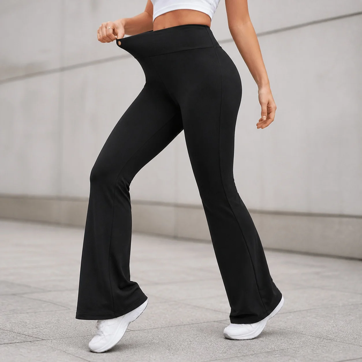 Women's Gym High Waist Slim Fit Tummy Control Full Length Solid Color Skinny Flared Pants for Female Workout Training Black