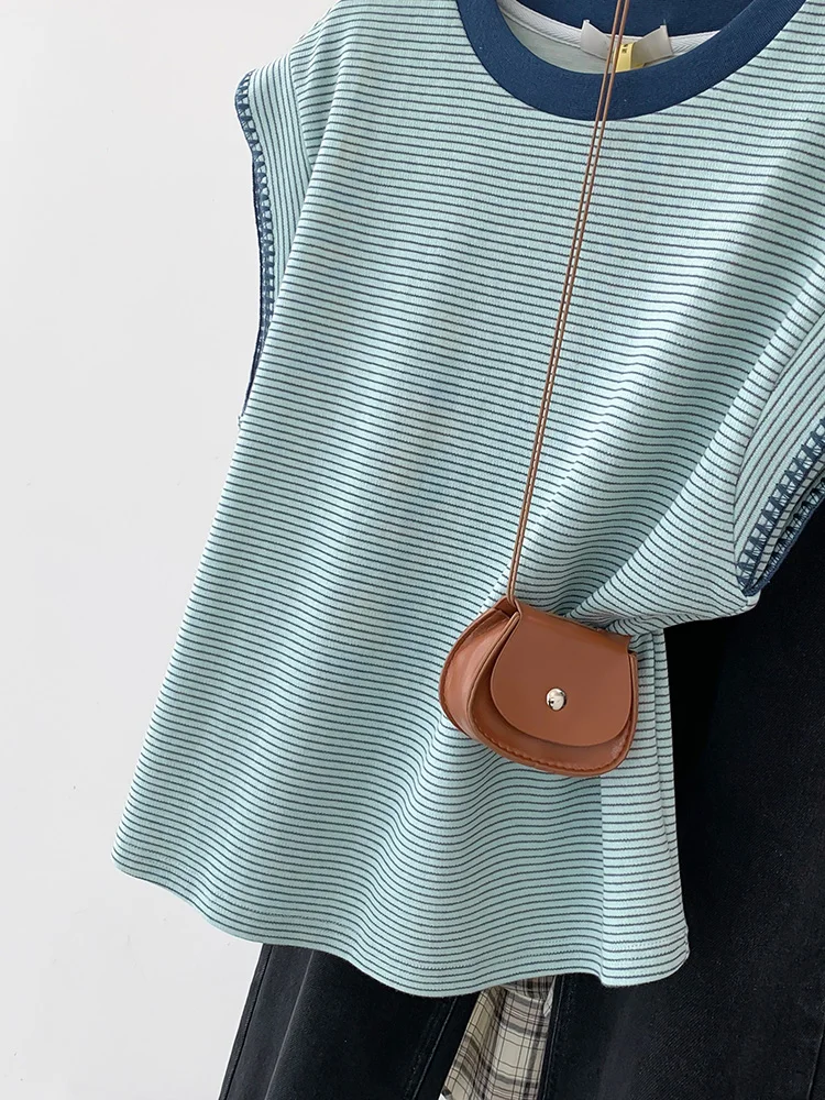 2024 estate donna Casual Versatile a righe contrasto colore girocollo manica corta t-shirt Design senso nicchia top
