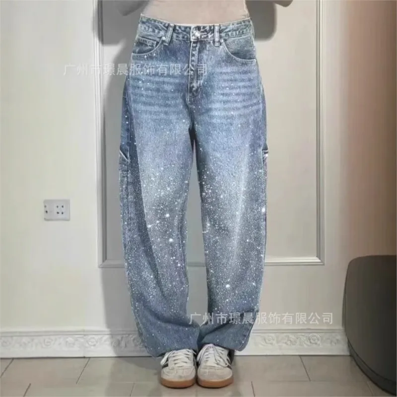 عصرية لامعة زر سستة بلاكيت جيب أنبوب مستقيم جينز شخصية فضفاضة 2025 سراويل طويلة غير رسمية ومتعددة الاستخدامات للمرأة #3