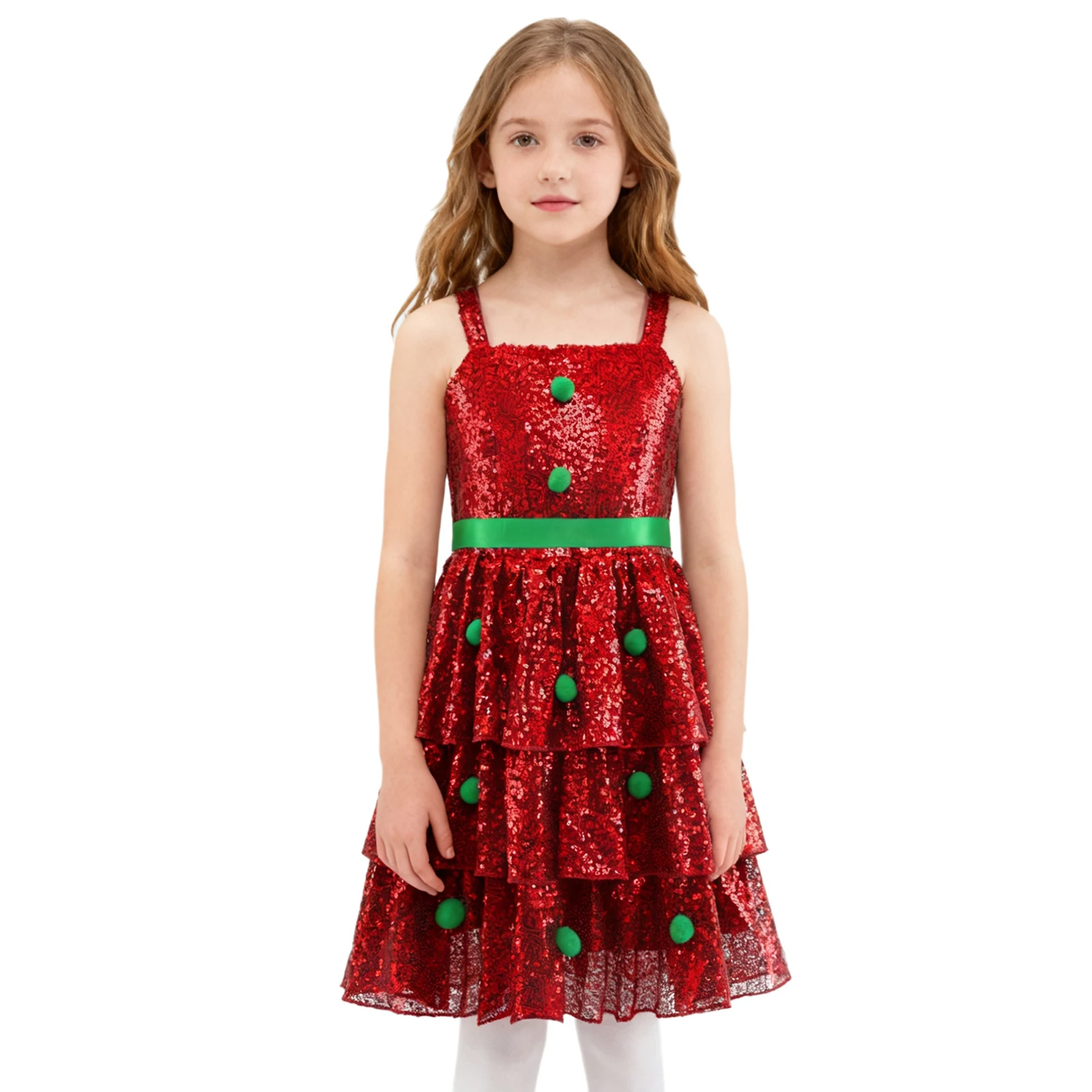 

Girls Christmas Dress Sequin Pompom Xmas Tree Sleeveless Back Invisible Zipper Dress with Ribbon Waistbelt for Family Gathering